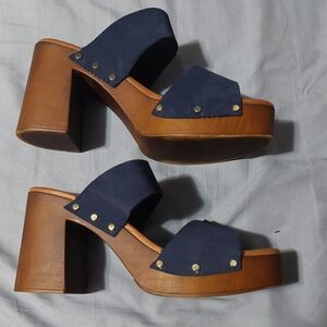 Avellini  Navy Blue Wooden Heel Mules